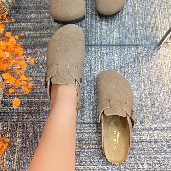 Lurnyet Women Slip On Taupe Suede Clogs with Buckle Closure Sandal - Picture 8 of 8